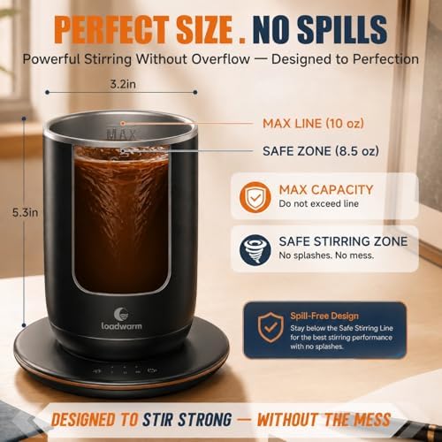Self Heated Stirring Coffee Mug Set of 2, 10oz Cup with Warmer, BlackWhit