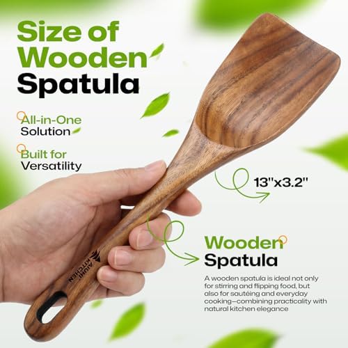 AIUHI Teak Cooking Spatula, Thick Wooden Spatula for Cooking, Deep Scoop Non-Stick Safe Heat Resistant Solid Teak Wooden Spatula for Kitchen Daily Use