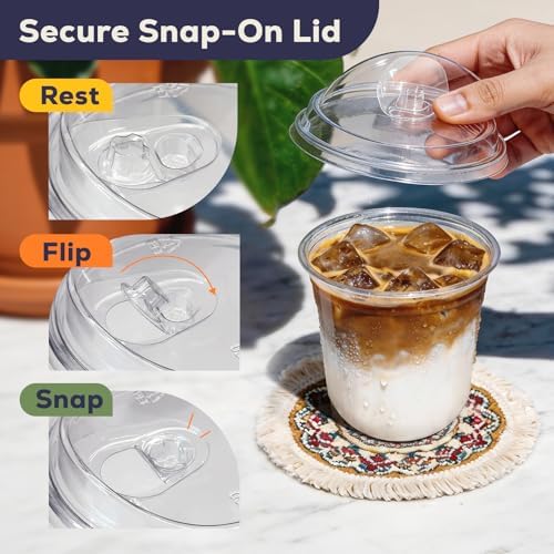 Fit Meal Prep 100 Pack 12 oz Round Bottom Clear Plastic Cups with Strawless Sip Lids, Disposable Iced coffee cups with lids, BPA-Free To Go Cups for Smoothies, Matcha, Party Drinks, Cold Beverage