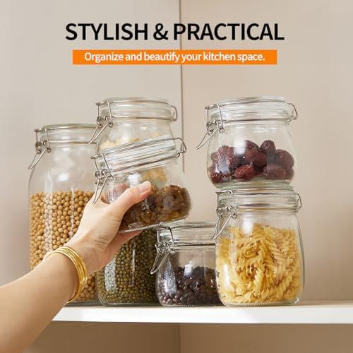 5 Pack 25oz Food Storage Jars with Airtight Lids, Preserving Seal Wire Clip Fastening Glass Containers, Canisters for Kitchen Organization, Flour, Cereal, Pasta, Sugar, Beans, Pickling Jars(25 Oz*5)