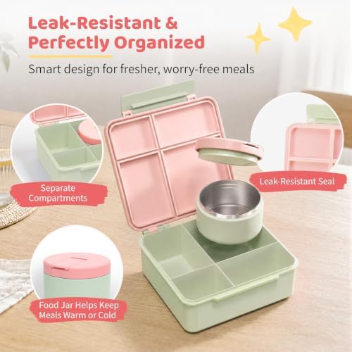 Bento Lunch Box with 8oz Soup Thermo, Kids Leakproof Lunch Food Containers with 4 Compartment, Kids Thermo Insulated Hot Food Jar for School, Trvael (Green-Pink)