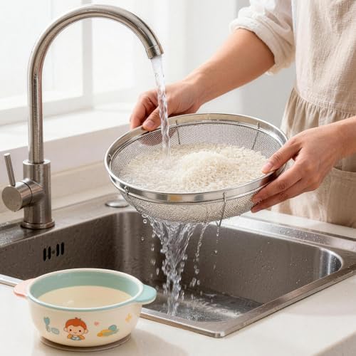 Fine Mesh Strainer for Kitchen, Stainless Steel Colander Bowl for Pasta, Rice, Fruit, Metal Net Baskets with Resting Base - Strain, Drain, Rinse (Diameter 12.2 inch)