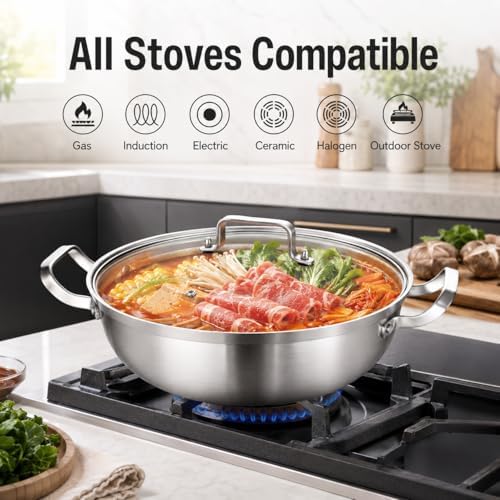 Delarlo Tri-Ply Stainless Steel Hot Pot 14 inch Everyday pan With lid,7QT