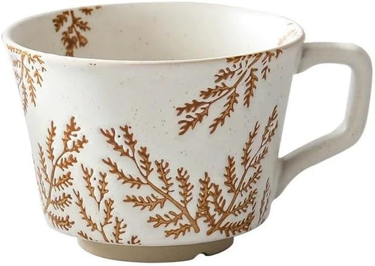 Small Ceramic Mug 1 pc, 11oz - Vintage Coffee Mug, Pottery Cups for Milk, Latte, Cappuccino, Tea - Handmade Porcelain Dishwasher, Microwave Safe Stoneware Gift for Women Men, Brown Leaf