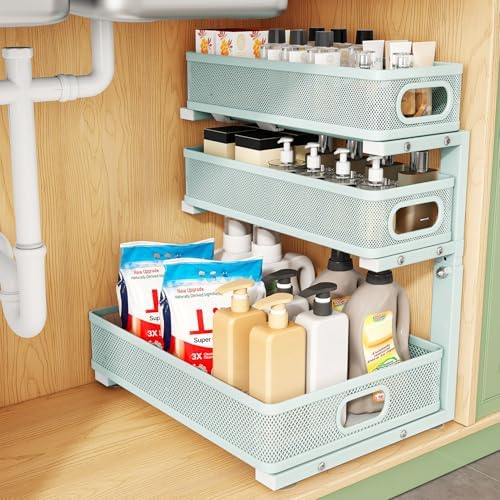 Under Sink Organizer, 1-Pack 3-Tier Height Adjustable Thickened Metal Pull out Cabinet Organizer Shelf, Slide out Storage Drawer Rack for Bathroom Kitchen Pantry Home Organization, LightBlue