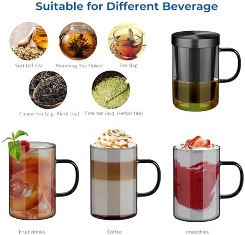 ecooe 16.9oz Glass Tea Cup with Infuser and Lid 430ml(Use Capacity), Black