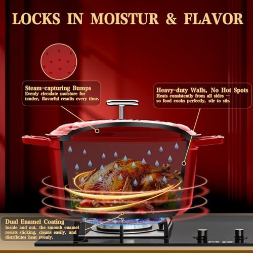 DUTZUN Enameled Cast Iron Dutch Oven - 5 Quart, Crab Lid (Patented), Oversized Knob, for Bread Baking Braiser, Cooking Stock Pot - Red