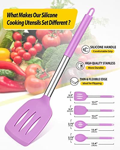 Pack of 4 Silicone Cooking Utensils Set, Non Stick Large Solid Spatulas, Heat Resistant Purple Slotted Spoons, Ideal BPA Free Kitchen Turners for Frying, Mixing,Serving,Draining,Turning,Stirring