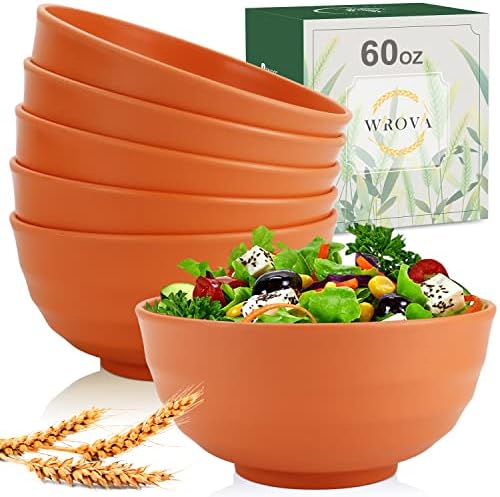 Wrova Wheat Straw Bowls Set 60 OZ Unbreakable Large Cereal Bowls Set of 6 Microwave and Dishwasher Safe Bowls Big Bowls for Eating BPA Free Soup Bowl for Serving Oatmeal and Salad Orange