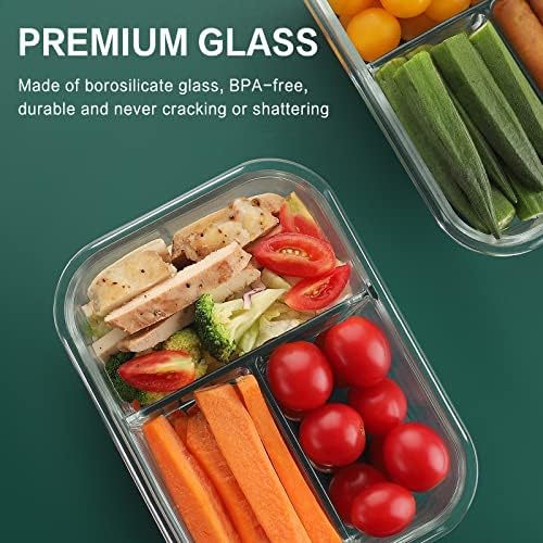 8 Pack 36oz Borosilicate Glass Meal Prep Containers 3 Compartment with Lids