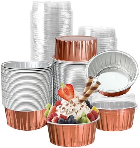 100Pcs Aluminum Cups with Lids,5oz Disposable Ramekin Baking Cups Muffin Liners Mini Pie Pans Foil Cupcake Containers for Christmas Party Wedding Party,Orange