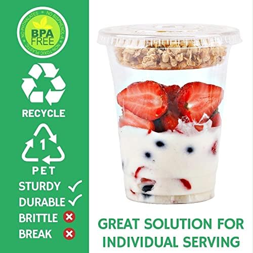 Aatriet 12 oz Clear Plastic Parfait Cups with Insert 3.25oz & Flat Lids No Hole - (20 Sets) Yogurt Fruit Parfait Cups for Kids, for Dips and Veggies, Take Away Breakfast and Snacks. No Leaking