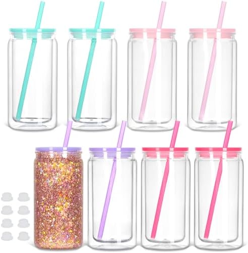 8 Pack Plastic Snow Globe Tumbler, 16 Oz Double Wall Plastic Can with Lid and Straw, Mason Jar Mug for Snow Globe Glitter DIY Gift (Mixed Colors)