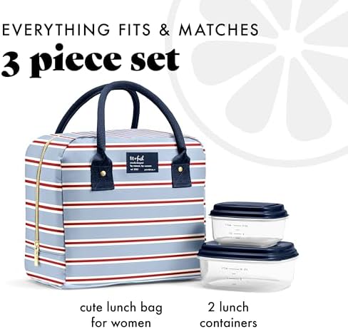 Fit & Fresh Bloomington Lunch Bag for Women - Insulated Large Lunch Box for Work with Containers, Leak-Resistant, Stain-Resistant, Zipper Closure, Rowing Stripe Blue