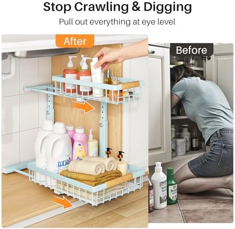 PXRACK Under Sink Organizer, Adjustable Height, 2 Tier Pull Out Under Cabinet Organizer, Slide Out Thickened Metal Under Sink Storage for Kitchen Bathroom Laundry Pantry Cabinet, Blue, Large-2-Pack