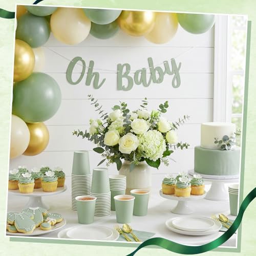 NatNarr 100 Pack Sage Green Paper Cup, 9oz Sage Green Baby Shower Cups