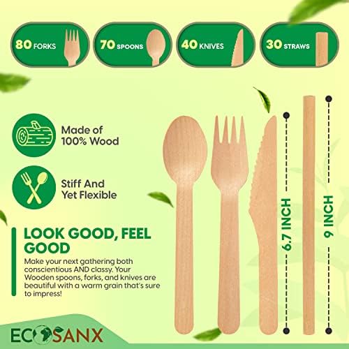 ECOSANX® 220 PCs Disposable Wooden Cutlery set 6.3" Splinter Free Compostable Utensils for party, Eco-Friendly, 100% All-Natural Bamboo Utensils set for picnic, Bamboo cutlery set for Events & More