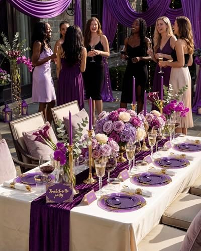 Nervure 350Pcs Purple Plastic Plates, Plastic Dinnerware Set for 50 Guests