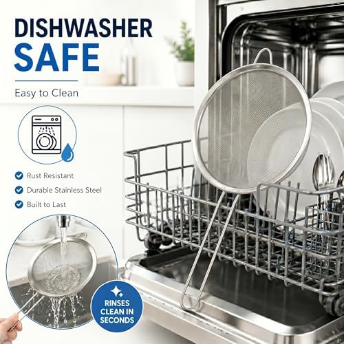 HiramWare Fine Mesh Strainer Set of 3, Premium Stainless Steel Colander with Handle, Large, Medium, Small Sieve for Tea, Pasta, Rice, Fruits, Berries, Flour, Veggies, Metal Sifter for Kitchen