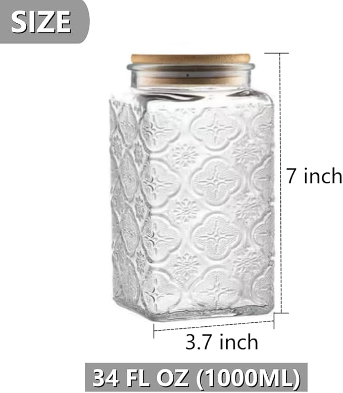 ANSQU Vintage Glass Storage Jar, 34 FL OZ Glass Food Storage Containers with Bamboo Wooden Lid, Airtight Cookie Jars for Kitchen Counter, Pantry, Cookie, Coffee, Tea, Sugar (Square Begonia)