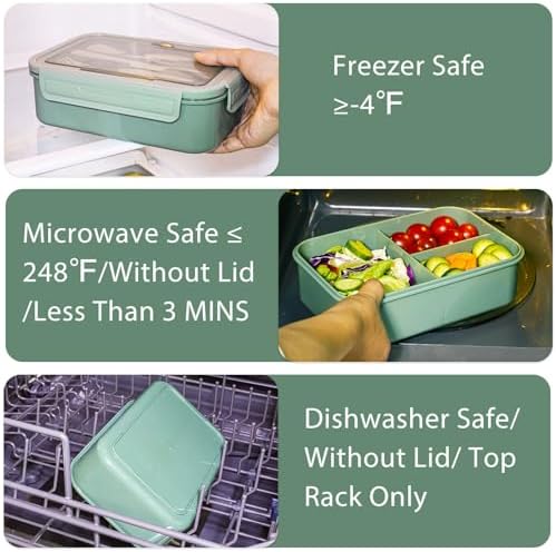 Caperci Classic Bento Box Adult Lunch Box for Older Kids - Leakpoof 47 oz 3-Compartment Lunch Containers for Adults and Teens, Built-in Utensil Set, Ideal for On-the-Go Balanced Eating,Khaki Green