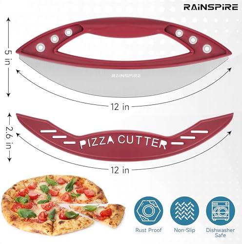 Rainspire 12" Pizza Cutter Rocker Blade Stainless Steel Pizza Rocker with Cover Sharp Blade Pizza Knife Dishwasher Safe Kitchen Gadgets Home Essentials, Red