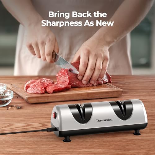 Electric Knife Sharpener, Professional Kitchen Knife Sharpener for Home Use, 2 Stages of Coarse Sharpening & Fine Polishing, Metal Dust Collection Box for Easy Cleaning, Silver Gray