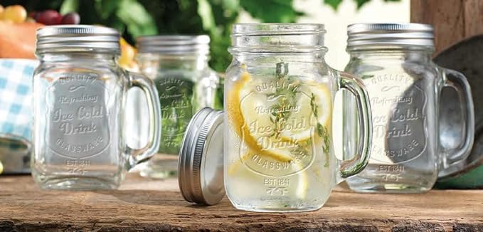 Glaver's Mason Drinking Jars – Set of 4, 15.25 Oz Clear Glass Jar with Handle and Lid. – Ice-Cold Drink Glassware Logo – Glass Mugs Ideal for Cold Beverages, Juice, Smoothie, Cocktails.