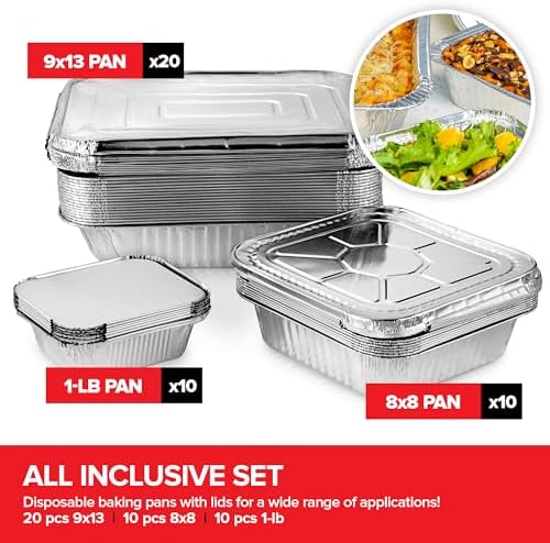 Stock Your Home Disposable Foil Pans with Lids (Set of 40) Heavy Duty Aluminum Pans with Lids (20) 9x13, (10) 8x8, (10) 1-Lb Baking Tins with Covers for Cooking, Heating, Storing, Holiday Dinner Meals