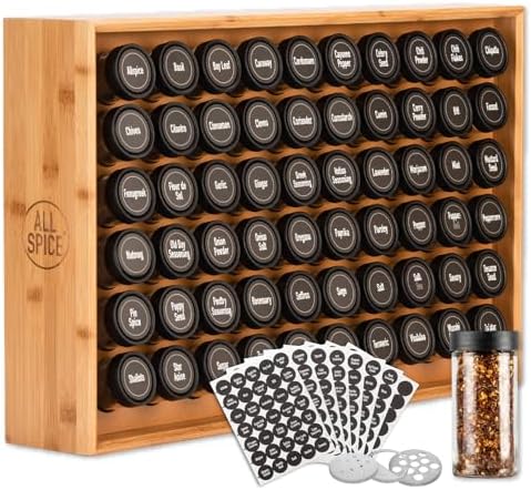 AllSpice Spice Rack Organizer, Wood, 525 Unique Labels, Countertop or Wall Mount, Includes 60 4oz Jars- Bamboo