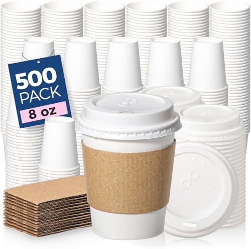 Fit Meal Prep 500 Pack 8 oz Disposable Coffee Cups with Lids, Sleeves, Leak-Proof To Go Coffee Cups with Lids, Durable Hot Paper Cups for Hot Cocoa and Coffee Bar Supplies