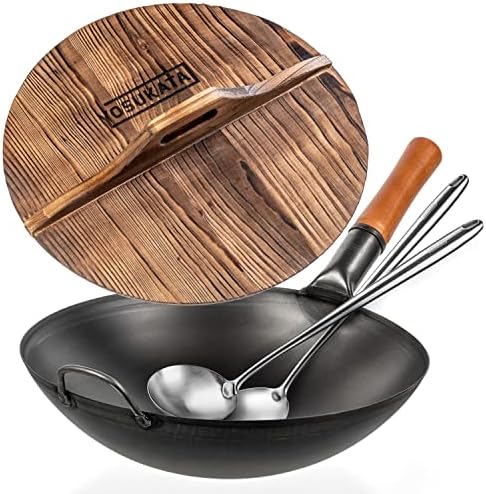 YOSUKATA Carbon Steel Wok Pan 14“ + 17’’ Wok Spatula and Ladle + Premium Wok Cover 14 inch Pan Lid