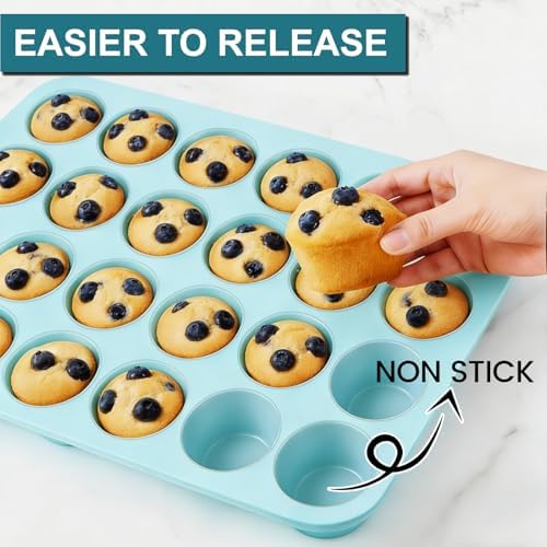 CAKETIME Silicone Mini Muffin Pan, 24 Cups Nonstick Mini Cupcake Pan for Baking Muffin, Cupcake, Egg Bites, Fat Bomb, Light Blue