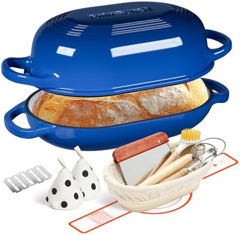 Enameled Cast Iron Dutch Oven for Bread Baking - incl. Sourdough Bread-Baking Supplies like Banneton Bread-Proofing Basket - 5QT Loaf Cast Iron Bread Oven Pan with Lid Meatloaf Pan with Lid, Sour Sough Tools, Lame(Blue）