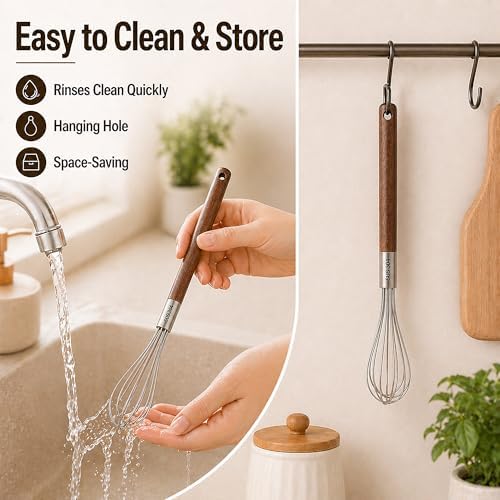Mini Whisk 10 Inch, 304 Stainless Steel Small Wire Whisk with Walnut Wood Handle, Hand Egg Beater for Cooking, Baking, Mixing Eggs, Coffee, Sauces, Dressing and Gravy, 1 Count