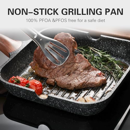 Kordisen Nonstick Grilling Pan with Lid for Stove Tops, 11 Inch Square Grill Pan for Indoor Cooking, Granite Coating Grill Skillet with Pour Spouts, Versatile Griddle, Induction Steak Pan, PFOA Free
