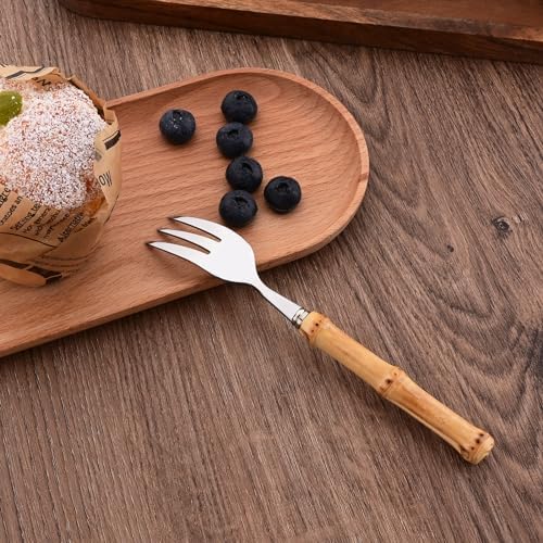 8 PCS Small Fork, 6.3 Inches Stainless Steel Dessert Forks with Bamboo Handle, Kitchen Flatware Cutlery Set, Use for Tasting Cakes Fruits and Appetizer, Mirror Polished