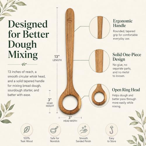 FAAY 13" Dough Whisk, 100% Healthy Teak Kitchen Utensils for Bread Mixing, Sourdough, Batter Preparation, Baking, and Cooking Tools