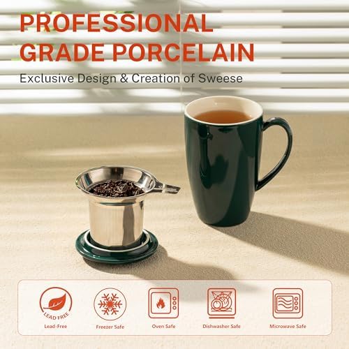Sweese 15 OZ Porcelain Tea Mug with Infuser and Lid, Loose Leaf Tea Cup, Gifts for Tea Lover, Dark Green