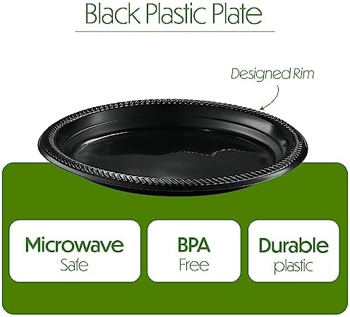 PLASTICPRO 400 PCS Black Plastic Plates Light Weight 9 Inch Plastic Dinner Plate Black Plates Disposable for Party and Wedding