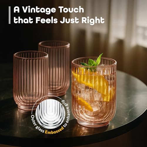Glaver's Vintage Glassware Art Deco Glasses Ribbed Drinking Glasses U-Shape Arch Design Colored Cocktail Kitchen Tumblers Everyday Dinner Decorative Party Hand-Wash Only (Pink S/4 17oz)