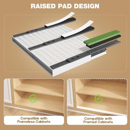 Seinloes Pull Out Cabinet Organizer, 4-Side Expandable to Fit Most Cabinets, 3 Rail Slide Out Drawers with Raising Pad for Framed & Frameless Cabinets, 15"-25" W x 17"-24" D, White, 4 Pack