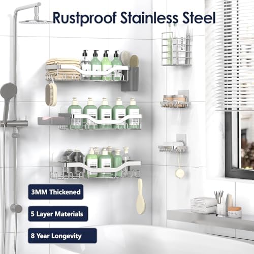 NESOMI Shower Caddy Adhesive Shower Organizer 8-Pack, Rustproof Stainless Steel Bathroom Shelves, Large Capacity No-Drill Rack Storage Accessories with Soap Dish Toothbrush Holder Hooks