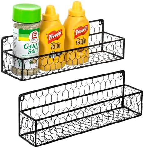 MyGift 12 Inch Black Wire Wall Spice Rack Set of 2 Seasoning Shelf