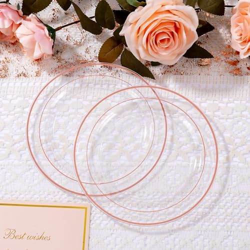 bUCLA 100PCS Clear Rose Gold Plastic Plates Disposable - Heavy Duty 6.25 Inch Clear Plastic Dessert Plates with Rose Gold Trim - Ideal for Party & Wedding