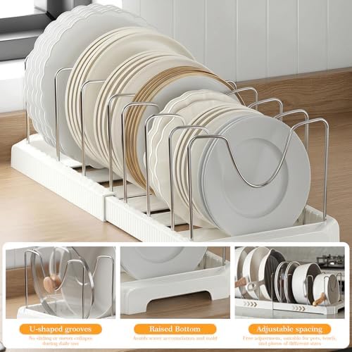 1 Pack Expandable Pots and Pans Organizer Under Cabinet, 13-22" Kitchen Cabinet Organizer with 10 Adjustable Dividers and 10Pcs Pot Protectors for Lids, Baking Sheets & Cookware (1, White)