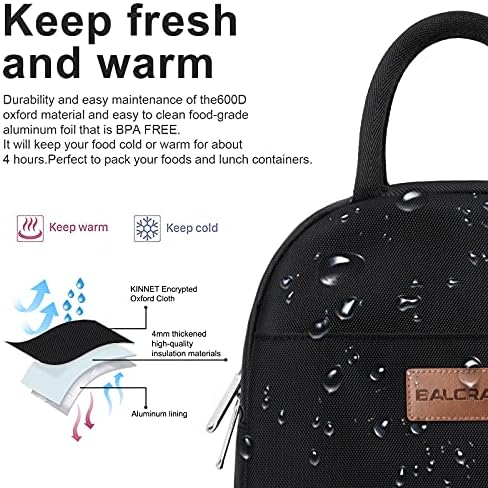 BALORAY Lunch Bag for Women Men Adult Lunch Box (Solid Black), M