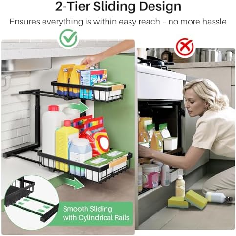 Kitstorack Under Sink Organizer, 2 Tier Under the Sink Storage, Slide out Pull out Cabinet Organizer Shelf, Metal Sliding Drawer for Kitchen Bathroom Pantry Closet Organization Rack, Black, 2 Pack