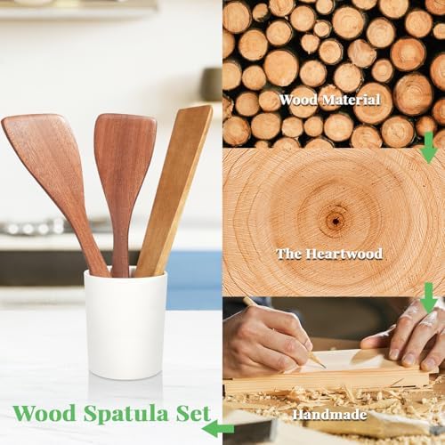 MORGLES 3Pcs Wooden Spatula Set, Long Handle for Nonstick Pans Cooking