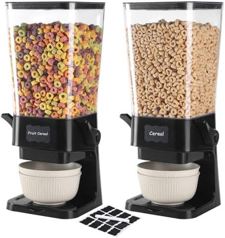 Cereal Dispenser Countertop with Cereal Bowls,16 Labels & Pen, Cereal Containers Storage, Candy Dispenser, Dry Food Dispenser For Pantry - Not Easy to Crush Food (Black, 2 Pack)
